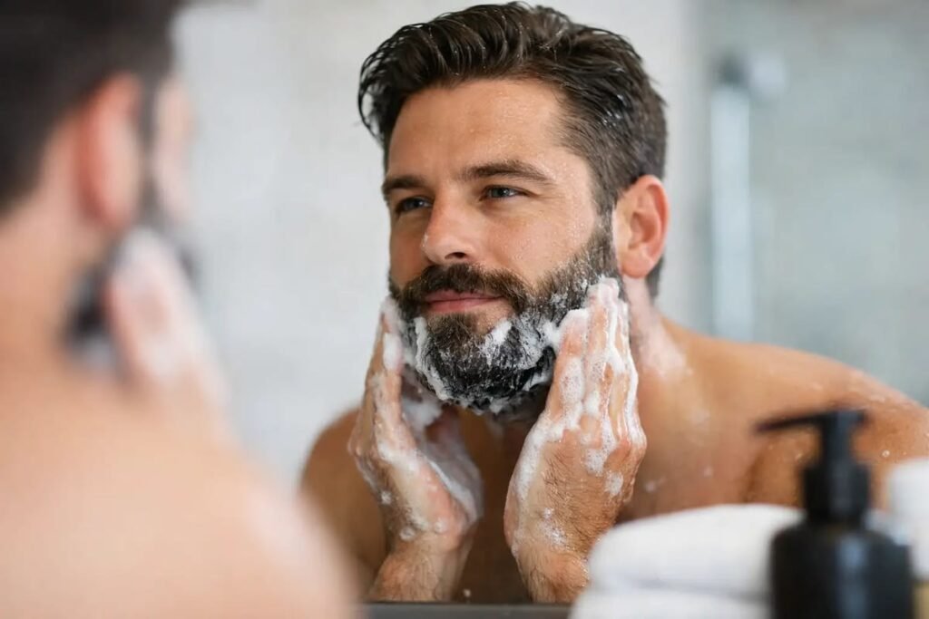 Cuidado de la piel masculina durante un tratamiento facial