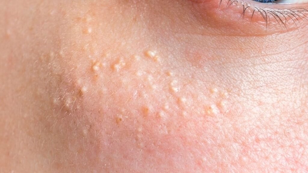 Milium en el rostro: qué es y cómo tratarlo de forma segura 4 Primer plano del rostro con pequeños quistes de milium alrededor de los ojos