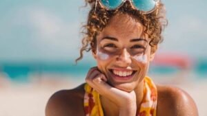Inicio 12 Persona aplicándose protector solar en el rostro con vegetación tropical de fondo